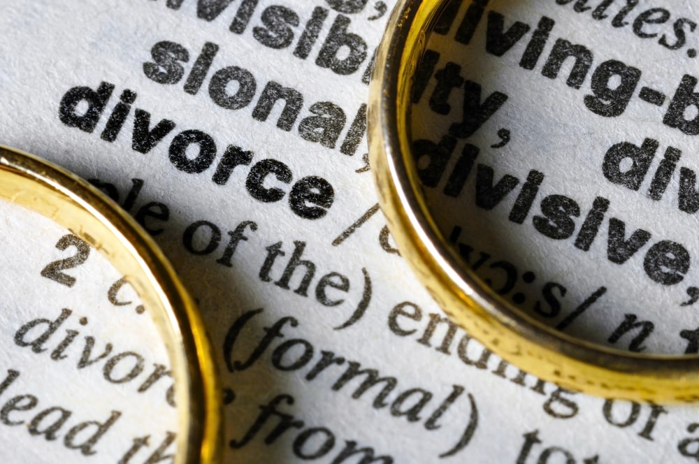 Two wedding rings laying on open page of dictionary for divorce definition